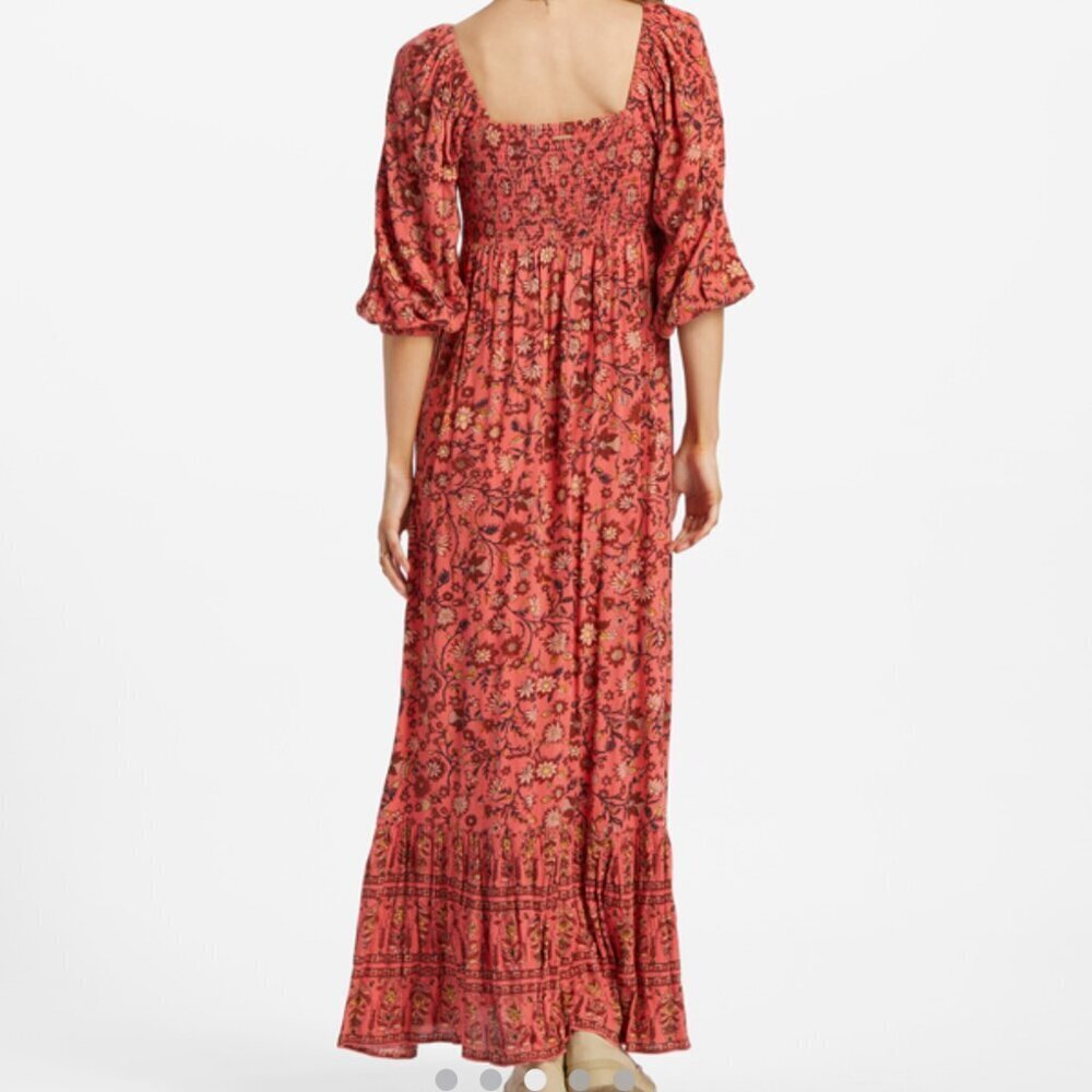 Billabong Boho Floral Print Full Bloom Smocked Ruffle Hem Maxi Dress - Picture 12 of 13